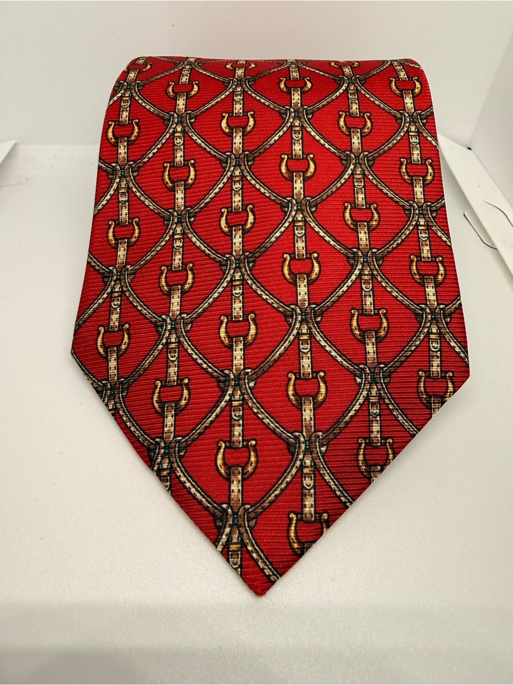 VTG Giannelli Silk Equestrian Tie Red Gold Stirrup Bit Hand Sewn USA Preppy Ivy